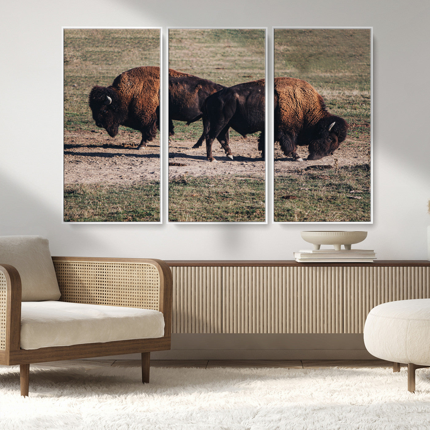58141885-MGV-FC-48X32-3P_White-Bison Photography Wall Art Canvas Print, Framed Western Wildlife Art Picture Print, Modern Ranch Perfect Western Rustic Decor