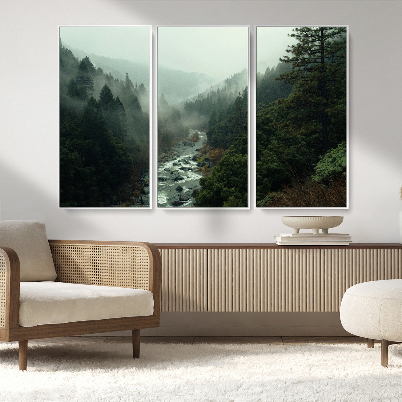 48497565-MGV-CV-36X24-Misty Forest Wall Art Canvas Print, Framed Foggy River Art Picture Print, Moody Landscape Perfect Moody Wilderness Decor Artwork