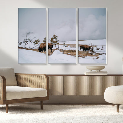 60308289-MGV-CV-36X24-Bison Wildlife Wall Art Canvas Print, Framed Snowy Prairie Art Picture Print, Western Landscape Perfect Rustic Winter Decor