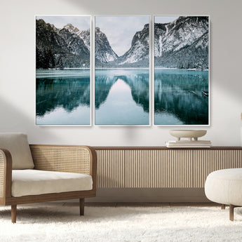 73098373-MGV-FC-48X32-3P_White-Mountain Lake Wall Art Canvas Print, Framed Winter Wonderland Art Picture Print, Snowy Peaks Perfect Modern Nature Decor Artwork