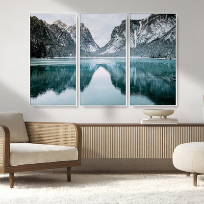 73098373-MGV-FC-48X32-3P_White-Mountain Lake Wall Art Canvas Print, Framed Winter Wonderland Art Picture Print, Snowy Peaks Perfect Modern Nature Decor Artwork