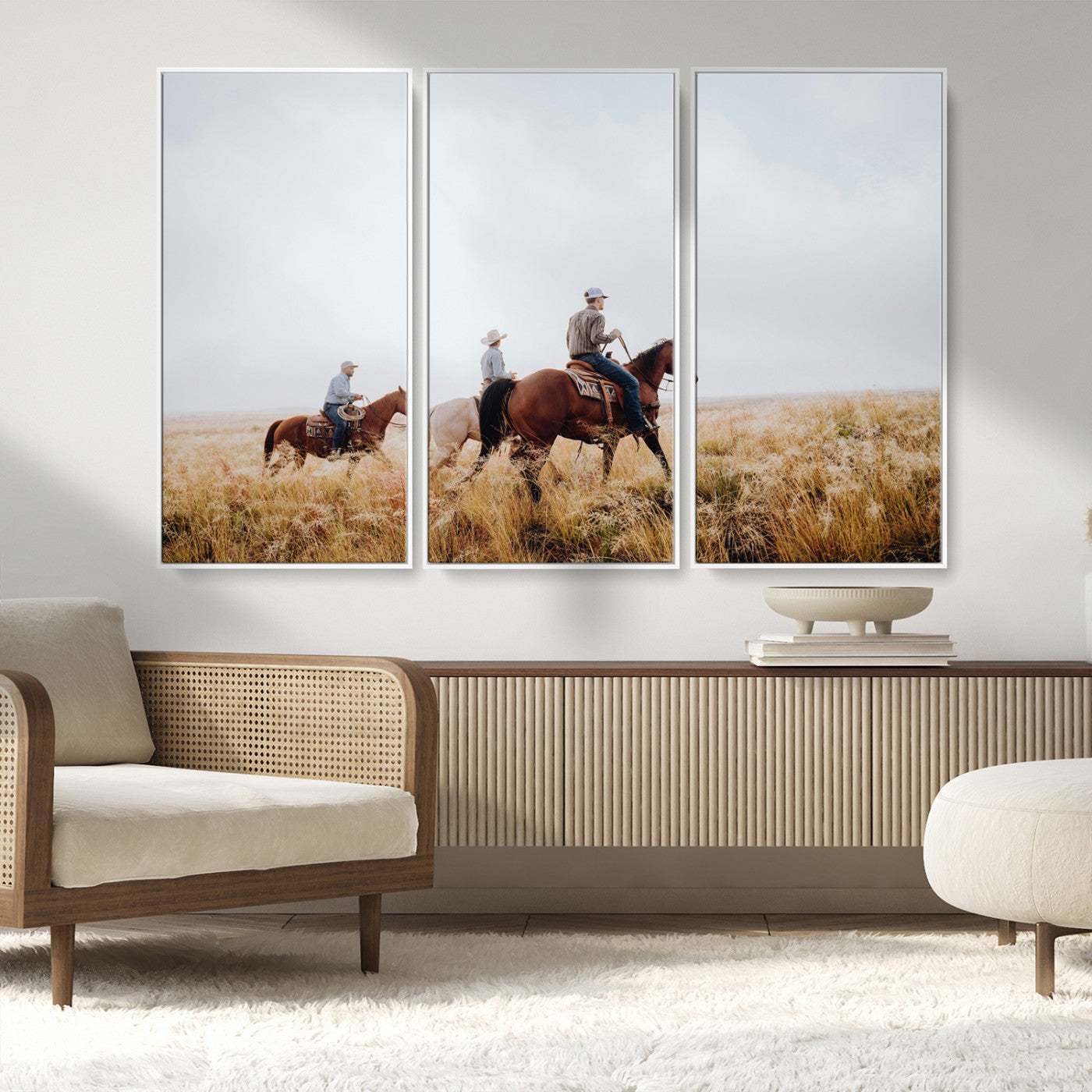 94723307-MGV-FC-48X32-3P_White-Western Cowboys Wall Art Canvas Print, Framed Rustic Prairie Art Picture Print, Horseback Riding Perfect Rustic Western Decor