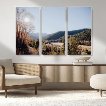 52941305-MGV-FC-48X32-3P_White-Rustic Landscape Wall Art Canvas Print, Framed Serene Valley Art Picture Print, Pine Tree Horizon Perfect Rustic Cabin Decor