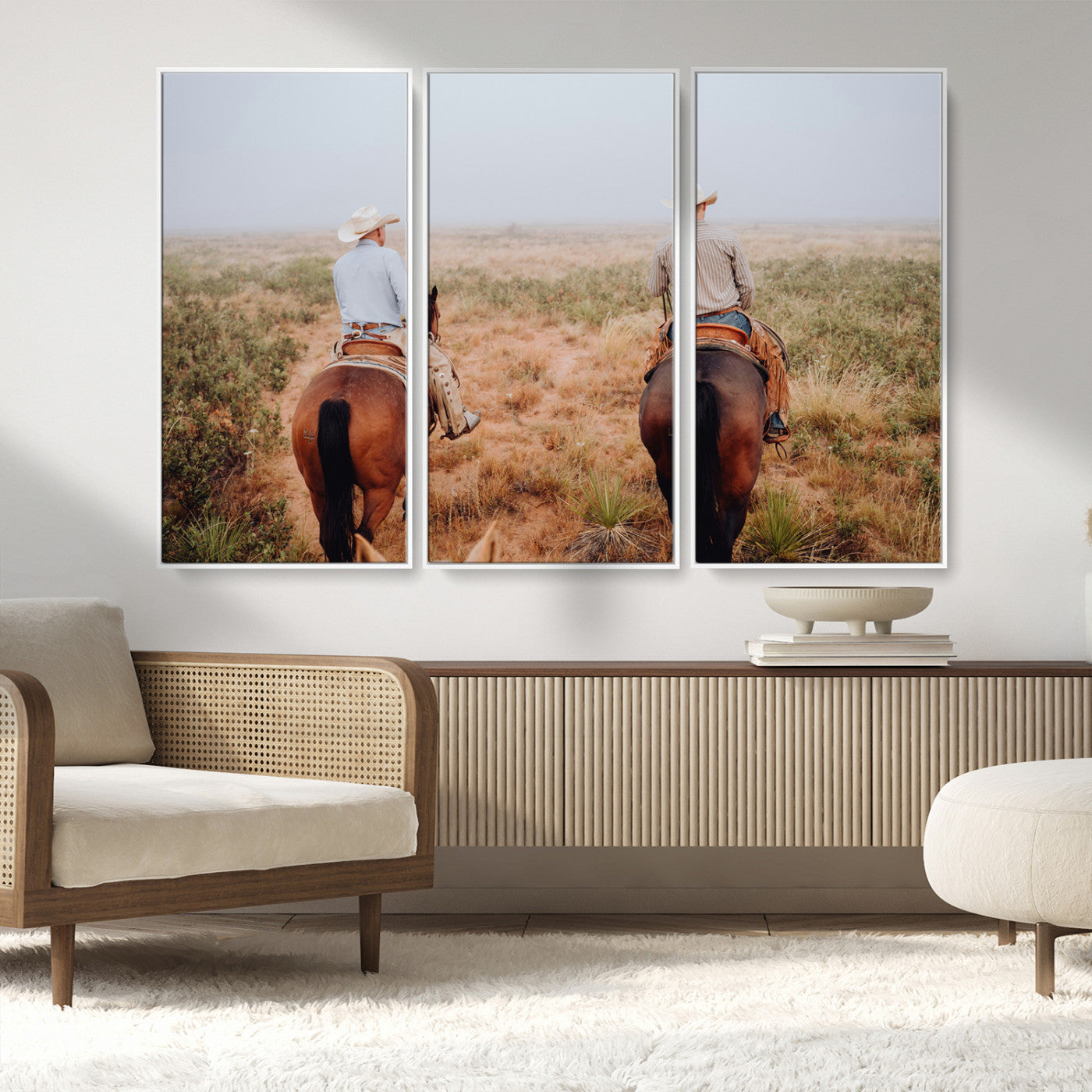 54943176-MGV-FC-48X32-3P_White-Cowboy Wall Art Wall Art Canvas Print, Framed Western Canvas Art Picture Print, Rustic Ranch Scene Perfect Rustic Western Decor
