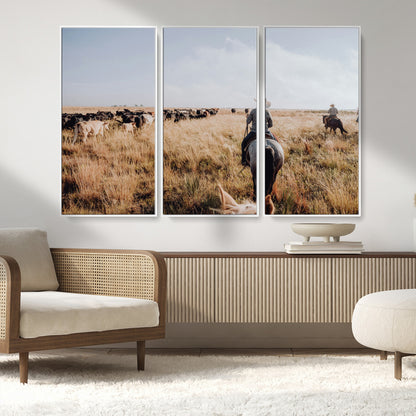 22431577-MGV-CV-36X24-Western Wall Art Wall Art Canvas Print, Framed Cowboy Canvas Art Picture Print, Cattle Drive Scene Perfect Rustic Western Decor