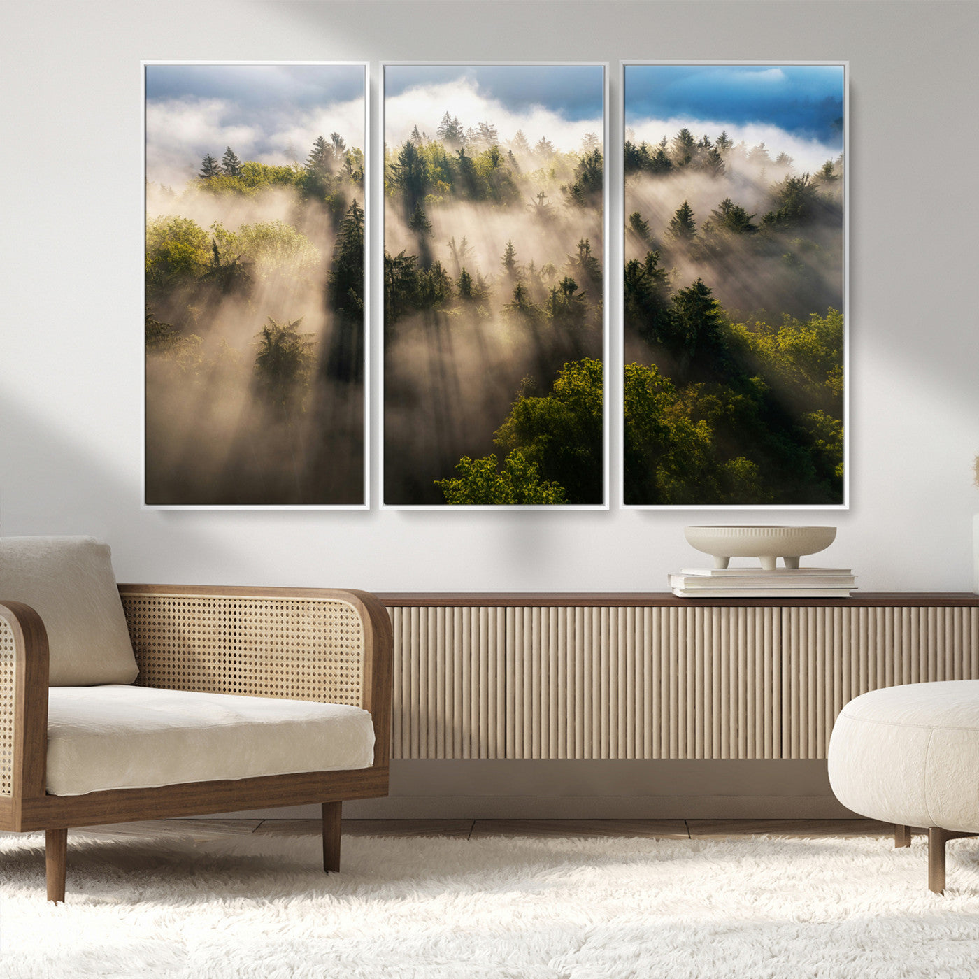 14785710-MGV-CV-36X24-Tranquil Forest Scene Wall Art Canvas Print, Framed Sunbeam Through Trees Art Picture Print, Moody Green Wall Art Perfect