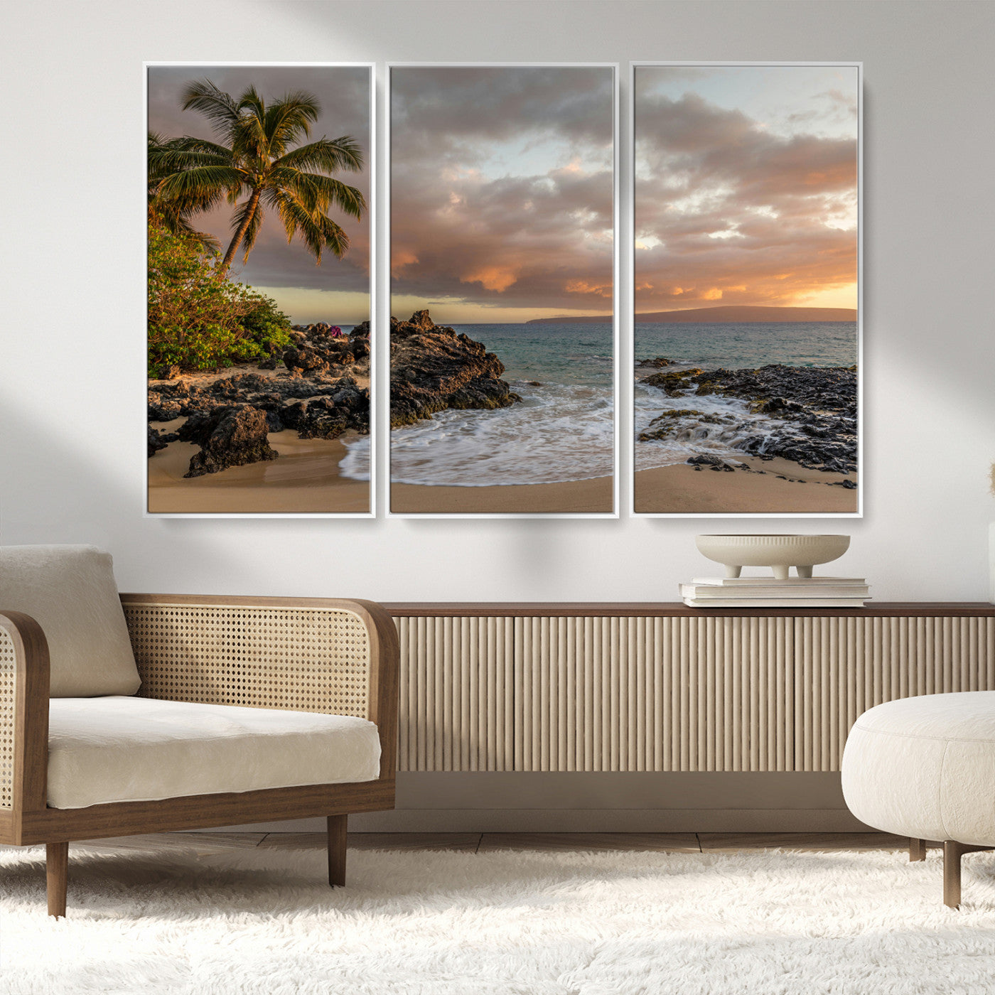 55108220-MGV-FC-48X32-3P_White-Tropical Beach Wall Art Canvas Print, Framed Hawaiian Sunset Art Picture Print, Ocean Waves Perfect Coastal Tropical Decor Artwork