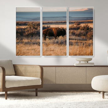 39509187-MGV-CV-36X24-Western Wildlife Wall Art Canvas Print, Framed Bison Art Picture Print, Golden Hour Perfect Western Rustic Decor Artwork