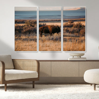 39509187-MGV-CV-36X24-Western Wildlife Wall Art Canvas Print, Framed Bison Art Picture Print, Golden Hour Perfect Western Rustic Decor Artwork