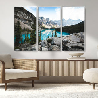 98014896-MGV-FC-48X32-3P_White-Canadian Rockies Wall Art Canvas Print, Framed Mountain Landscape Art Picture Print, Turquoise Water Perfect Scandinavian