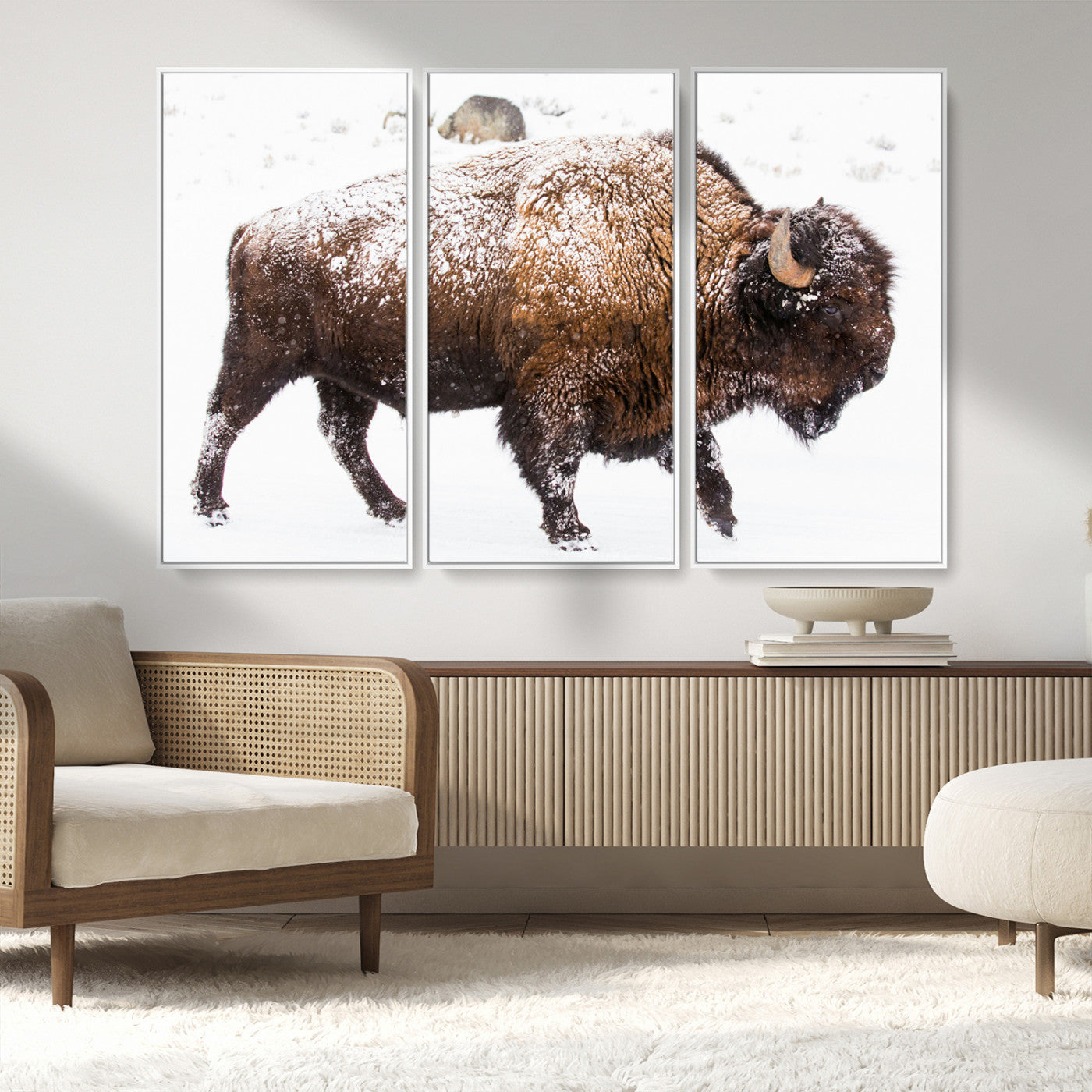 94261165-MGV-CV-36X24-Snowy Buffalo Wall Art Canvas Print, Framed Wildlife Photography Art Picture Print, Brown Tones Perfect Rustic Lodge Decor Decor