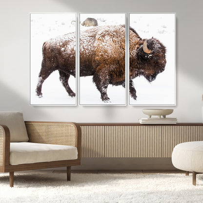 94261165-MGV-CV-36X24-Snowy Buffalo Wall Art Canvas Print, Framed Wildlife Photography Art Picture Print, Brown Tones Perfect Rustic Lodge Decor Decor