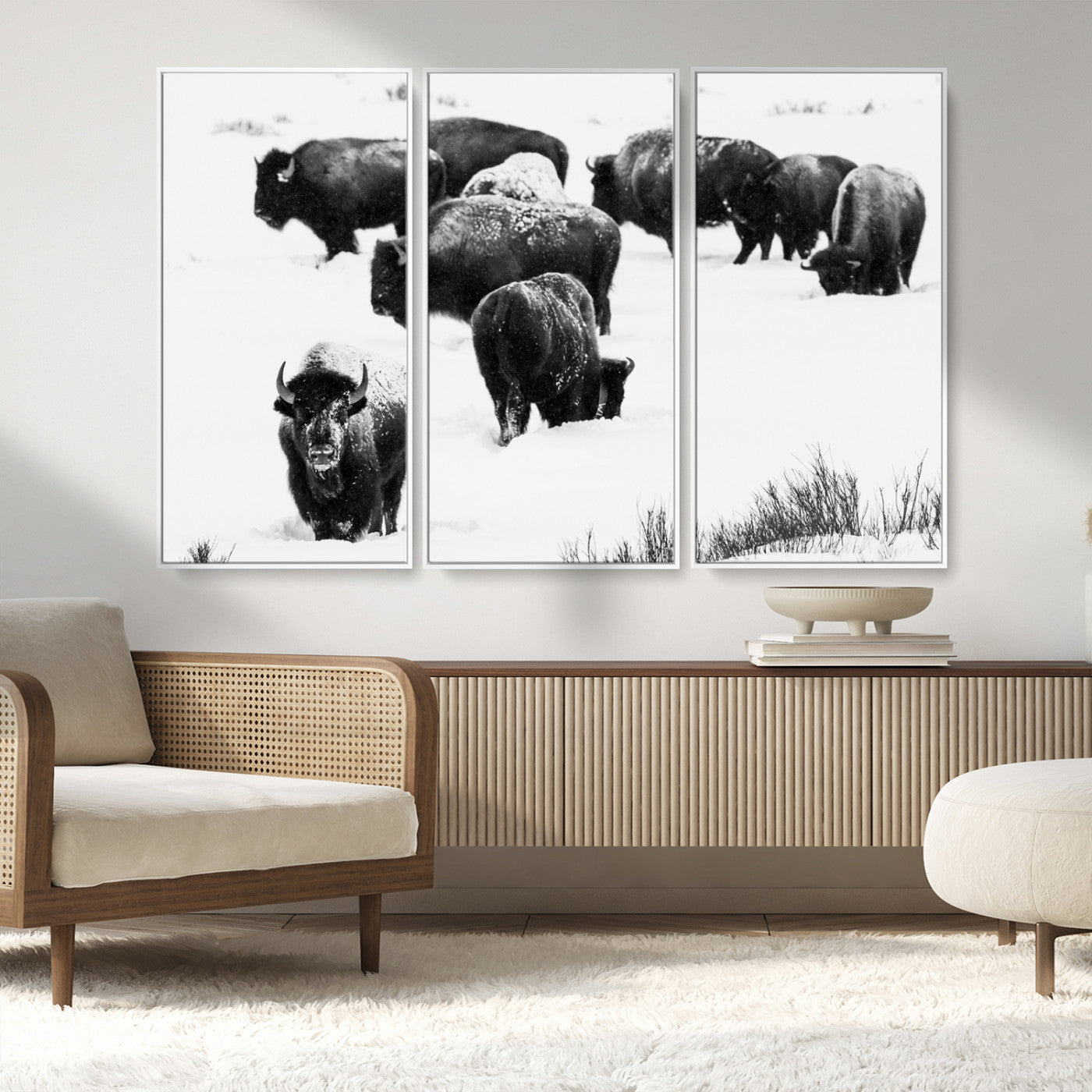 18914414-MGV-CV-36X24-Buffalo Herd Wall Art Canvas Print, Framed Black and White Art Picture Print, Snowy Landscape Perfect Rustic Lodge Decor Decor