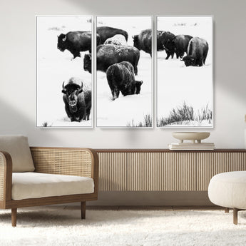 18914414-MGV-CV-36X24-Buffalo Herd Wall Art Canvas Print, Framed Black and White Art Picture Print, Snowy Landscape Perfect Rustic Lodge Decor Decor