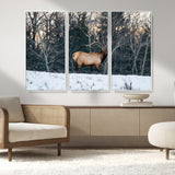 36533178-MGV-FC-48X32-3P_White-Wild Elk Photography Wall Art Canvas Print, Framed Winter Wildlife Art Picture Print, Snowy Forest Perfect Rustic Lodge Decor
