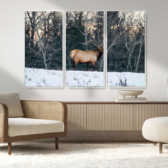 36533178-MGV-FC-48X32-3P_White-Wild Elk Photography Wall Art Canvas Print, Framed Winter Wildlife Art Picture Print, Snowy Forest Perfect Rustic Lodge Decor