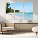 37858872-MGV-FC-48X32-3P_White-Palm Tree Coast Wall Art Canvas Print, Framed Island Getaway Art Picture Print, Crystal Blue Water Perfect Tropical Coastal Decor