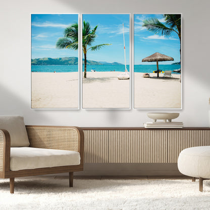42623350-MGV-FC-48X32-3P_White-Tropical Beach Wall Art Canvas Print, Framed Palm Tree Art Picture Print, Ocean View Perfect Tropical Coastal Decor Artwork