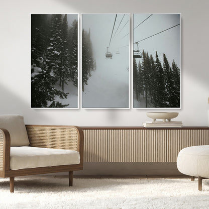 87018452-MGV-CV-36X24-Ski Lift Wall Art Canvas Print, Framed Snowy Pines Art Picture Print, Misty Landscape Perfect Winter Serenity Decor Artwork