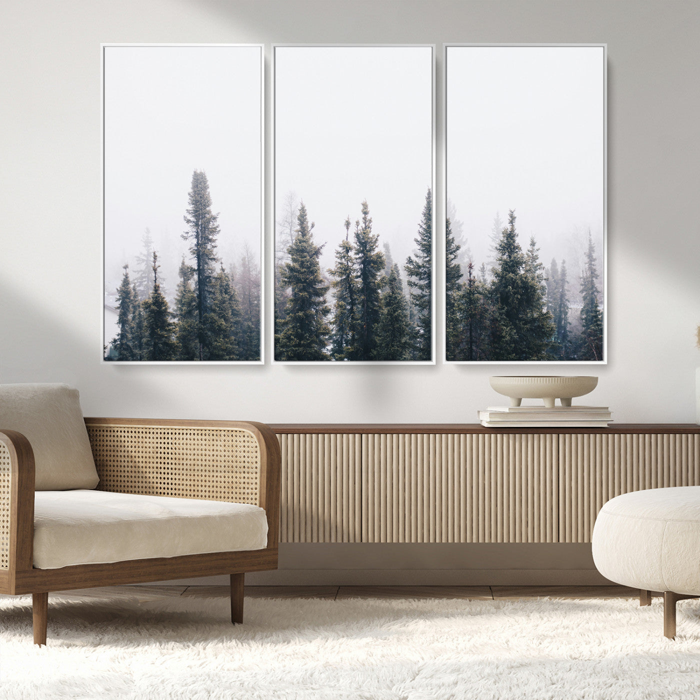 42364796-MGV-CV-36X24-Foggy Forest Wall Art Canvas Print, Framed Misty Pines Art Picture Print, Moody Woodland Perfect Scandinavian Minimalist Decor