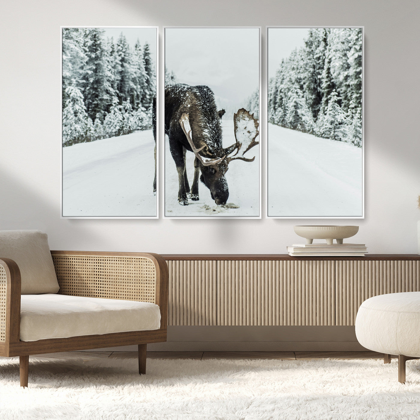 13316292-MGV-FC-48X32-3P_White-Moose in Snow Wall Art Canvas Print, Framed Winter Wildlife Art Picture Print, Snowy Forest Scene Perfect Rustic Lodge Decor