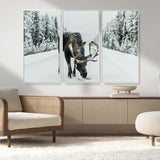 13316292-MGV-FC-48X32-3P_White-Moose in Snow Wall Art Canvas Print, Framed Winter Wildlife Art Picture Print, Snowy Forest Scene Perfect Rustic Lodge Decor