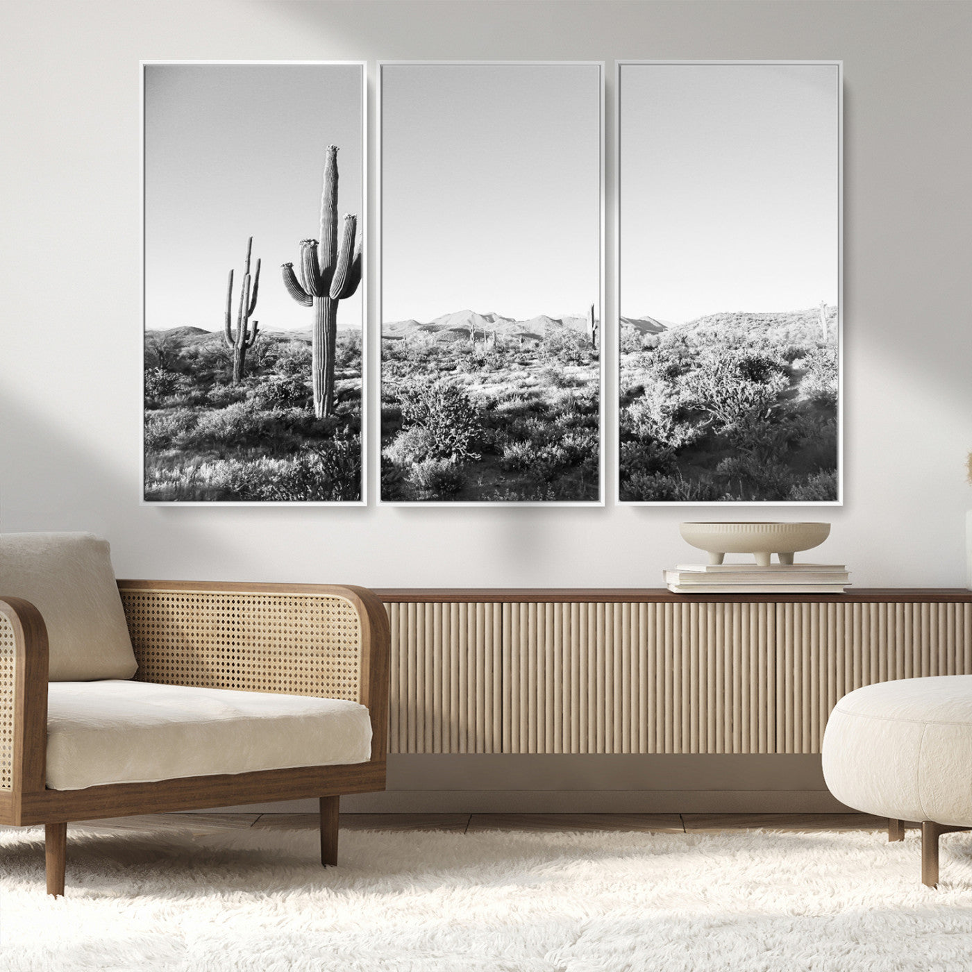 85205054-MGV-FC-48X32-3P_White-Saguaro Cactus Wall Art Canvas Print, Framed Monochrome Landscape Art Picture Print, Scenic Arizona View Perfect Minimalist