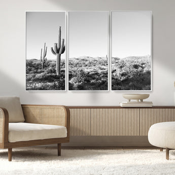 85205054-MGV-FC-48X32-3P_White-Saguaro Cactus Wall Art Canvas Print, Framed Monochrome Landscape Art Picture Print, Scenic Arizona View Perfect Minimalist