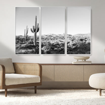 85205054-MGV-FC-48X32-3P_White-Saguaro Cactus Wall Art Canvas Print, Framed Monochrome Landscape Art Picture Print, Scenic Arizona View Perfect Minimalist