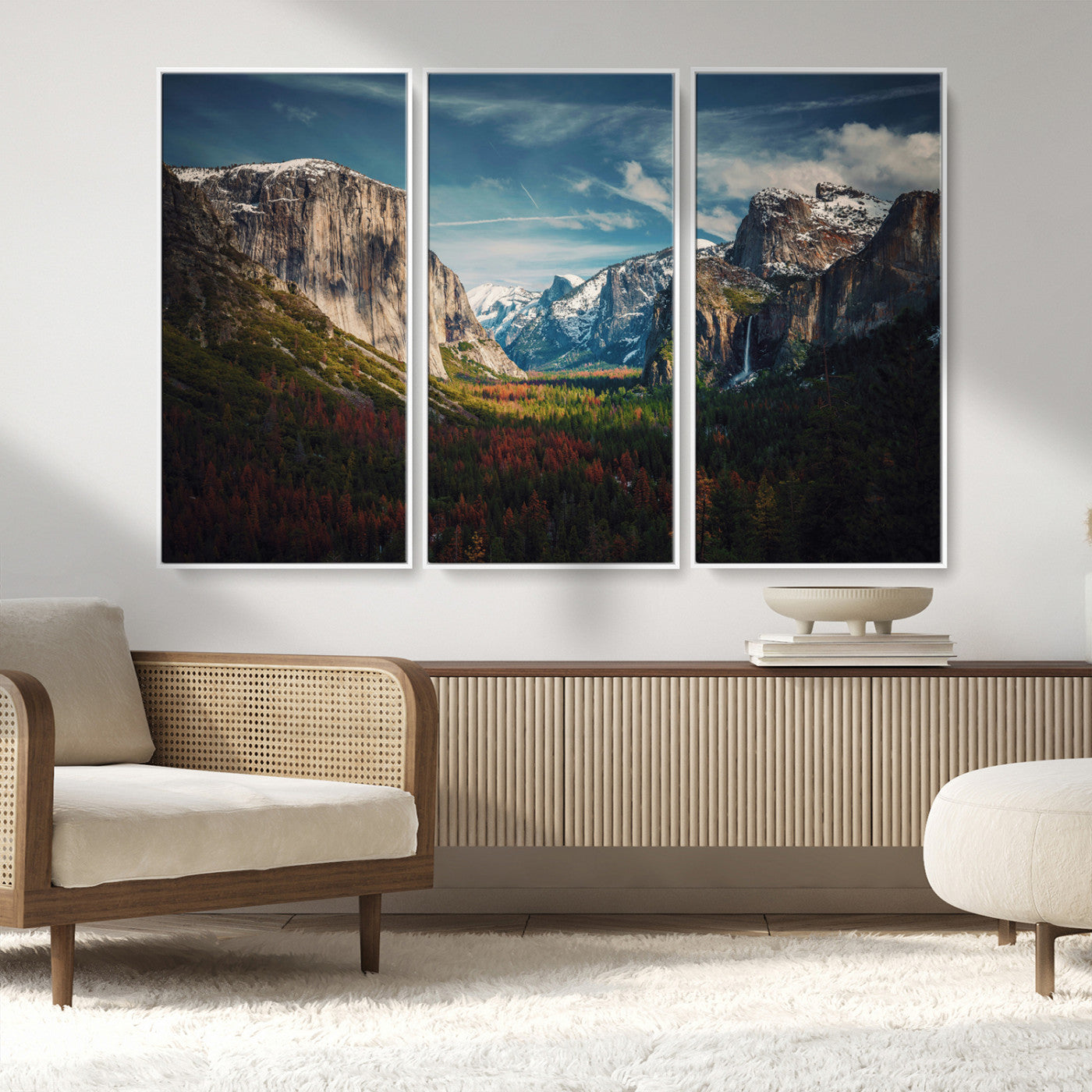 15244033-MGV-FC-48X32-3P_White-Yosemite National Wall Art Canvas Print, Framed Mountain Landscape Art Picture Print, El Capitan Perfect Rustic Farmhouse Decor