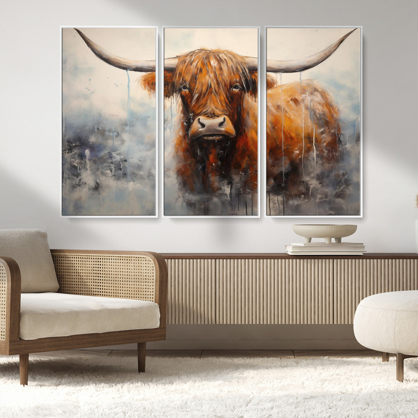 X61001-MGV-FC-48X32-3P_White-Scottish Highland Wall Art Canvas Print, Framed Longhorn Art Picture Print, Western Cow Perfect Farmhouse Decor Artwork