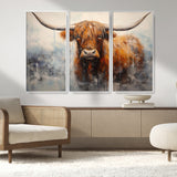 X61001-MGV-FC-48X32-3P_White-Scottish Highland Wall Art Canvas Print, Framed Longhorn Art Picture Print, Western Cow Perfect Farmhouse Decor Artwork