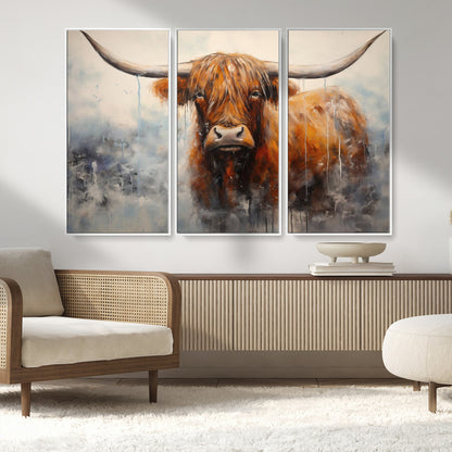 X61001-MGV-FC-48X32-3P_White-Scottish Highland Wall Art Canvas Print, Framed Longhorn Art Picture Print, Western Cow Perfect Farmhouse Decor Artwork