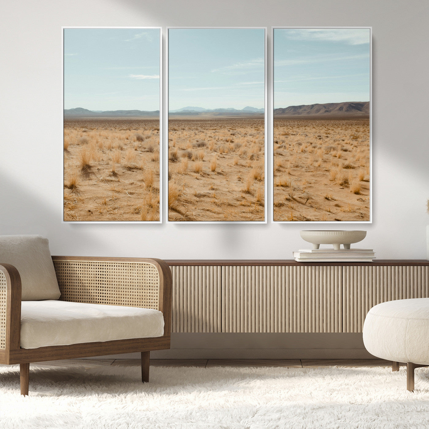 55918919-MGV-FC-48X32-3P_White-Desert Landscape Wall Art – Golden Grass Plains and Mountain Horizon Canvas Print, Southwest Nature Photography Decor for Living