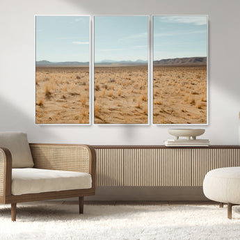 55918919-MGV-FC-48X32-3P_White-Desert Landscape Wall Art – Golden Grass Plains and Mountain Horizon Canvas Print, Southwest Nature Photography Decor for Living