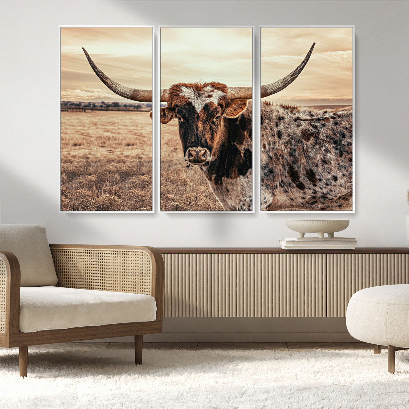 95745718-MGV-FC-48X32-3P_White-Texas Longhorn Wall Art – Western Cattle Photography Canvas Print, Rustic Ranch Animal Artwork Country Farmhouse Decor for Living