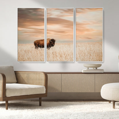 20306324-MGV-CV-36X24-Bison Wall Art – Lone American Buffalo Prairie Sunset Canvas Print, Rustic Western Wildlife Photography Decor for Living Room,