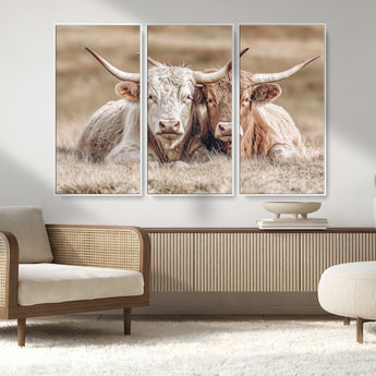 38651722-MGV-CV-36X24-Cow Wall Art – Rustic Longhorn Pair Canvas Print, Western Farmhouse Animal Painting, Country Ranch Decor for Living Room, Bedroom,