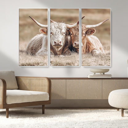 38651722-MGV-CV-36X24-Cow Wall Art – Rustic Longhorn Pair Canvas Print, Western Farmhouse Animal Painting, Country Ranch Decor for Living Room, Bedroom,