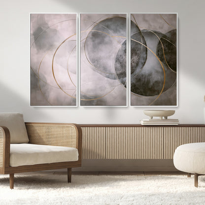 20066876-MGV-FC-48X32-3P_White-Neutral Abstract Circle Wall Art – Modern Gray Beige Gold Canvas Print, Minimalist Geometric Painting for Bedroom, Living Room,