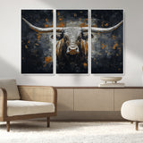 93195031-MGV-FC-48X32-3P_White-Dark Longhorn Bull Wall Art – Western Steer Canvas Print, Moody Rustic Animal Painting for Man Cave, Ranch House, Office or Modern