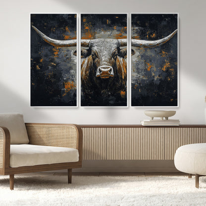 93195031-MGV-FC-48X32-3P_White-Dark Longhorn Bull Wall Art – Western Steer Canvas Print, Moody Rustic Animal Painting for Man Cave, Ranch House, Office or Modern