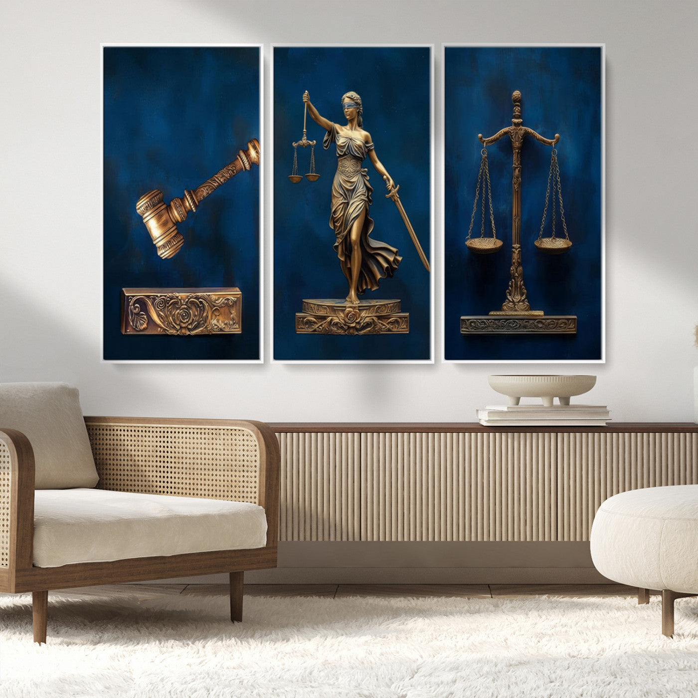 91629053-MGV-CV-36X24-Lady Justice Wall Art – Golden Gavel and Scales Canvas Print, Elegant Legal Office Decor for Lawyers, Judges, Courtroom or Study