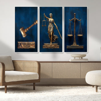 91629053-MGV-CV-36X24-Lady Justice Wall Art – Golden Gavel and Scales Canvas Print, Elegant Legal Office Decor for Lawyers, Judges, Courtroom or Study