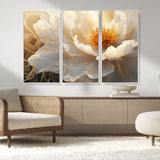 29539087-MGV-FC-48X32-3P_White-Floral Wall Art – Elegant White and Gold Bloom Canvas Print, Romantic Modern Flower Artwork for Bedroom, Living Room, or Office