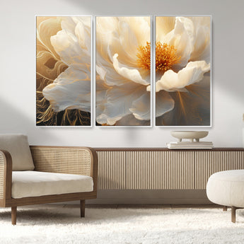 29539087-MGV-FC-48X32-3P_White-Floral Wall Art – Elegant White and Gold Bloom Canvas Print, Romantic Modern Flower Artwork for Bedroom, Living Room, or Office
