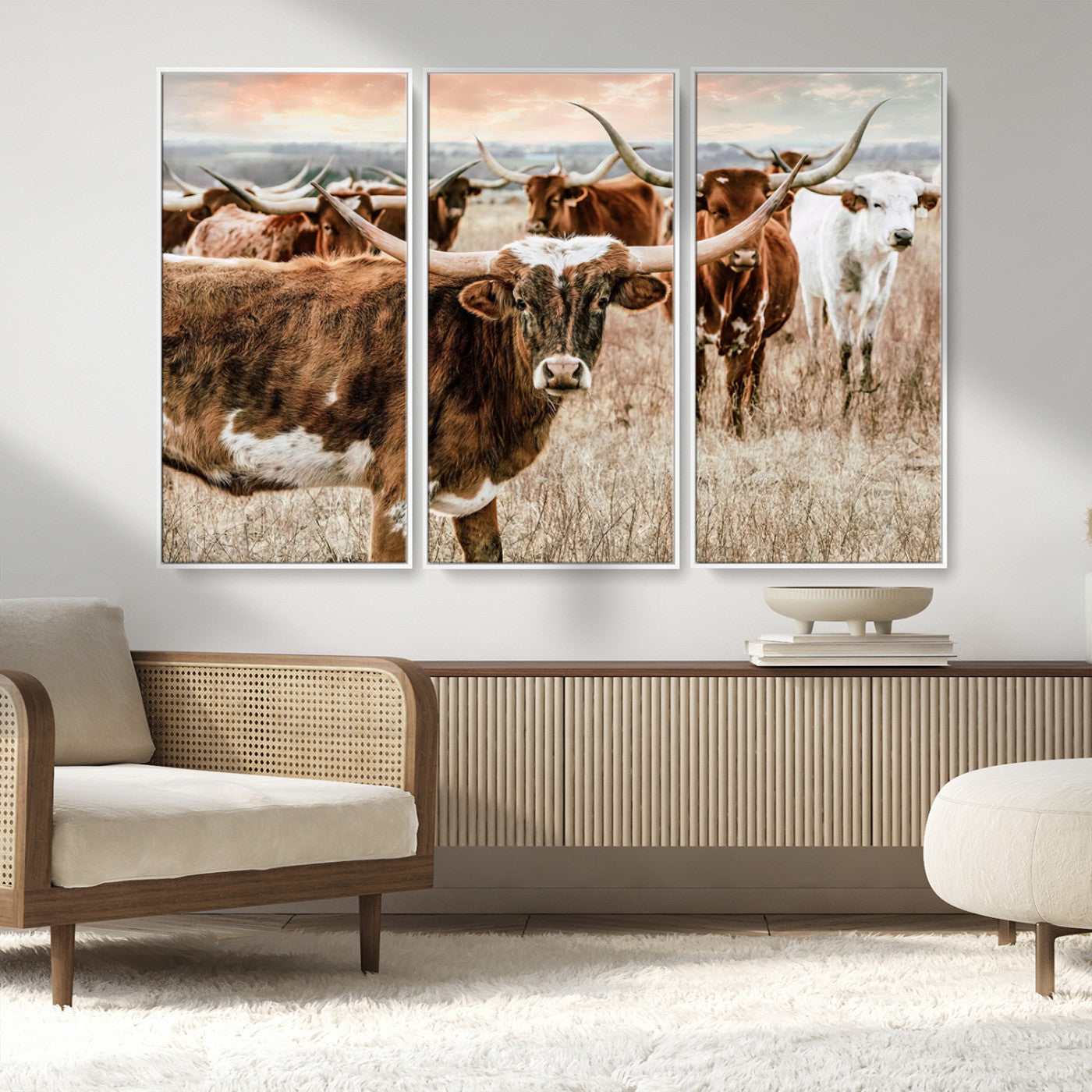 47758300-MGV-FC-48X32-3P_White-Texas Longhorn Cattle Wall Art – Rustic Western Herd Canvas Print, Cowboy Ranch Farmhouse Decor for Living Room, Office, or
