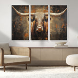 19204445-MGV-CV-36X24-Texas Longhorn Bull Wall Art – Rustic Western Canvas Print, Bold Cowboy Cattle Painting for Ranch House, Farmhouse, Office, or