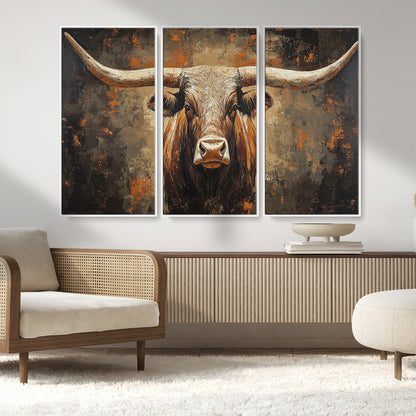 19204445-MGV-CV-36X24-Texas Longhorn Bull Wall Art – Rustic Western Canvas Print, Bold Cowboy Cattle Painting for Ranch House, Farmhouse, Office, or