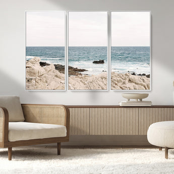 25481980-MGV-FC-48X32-3P_White-Ocean Coastal Wall Art – Rocky Shoreline and Waves Canvas Print, Serene Beach Landscape Decor for Living Room, Bedroom, or Office